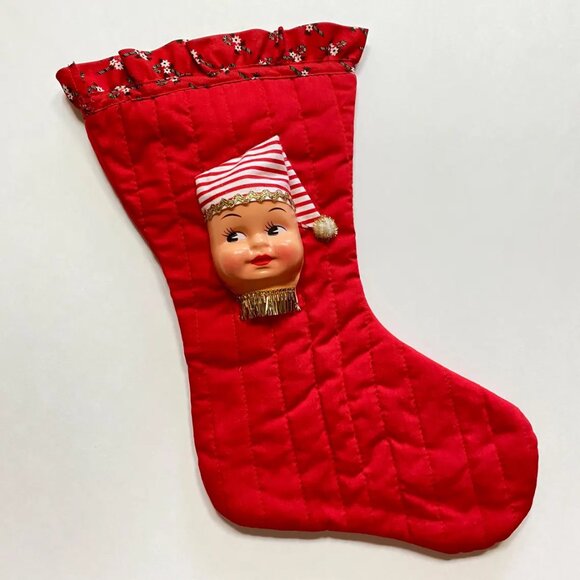 Christmas Stocking with Dolly Face Holiday Decor Xmas Vintage Handmade - Picture 2 of 6